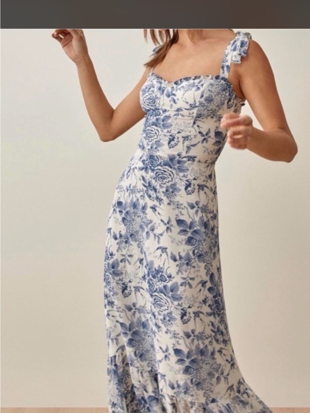 Reformation Blue & White Floral Tie-Shoulder Maxi Dress